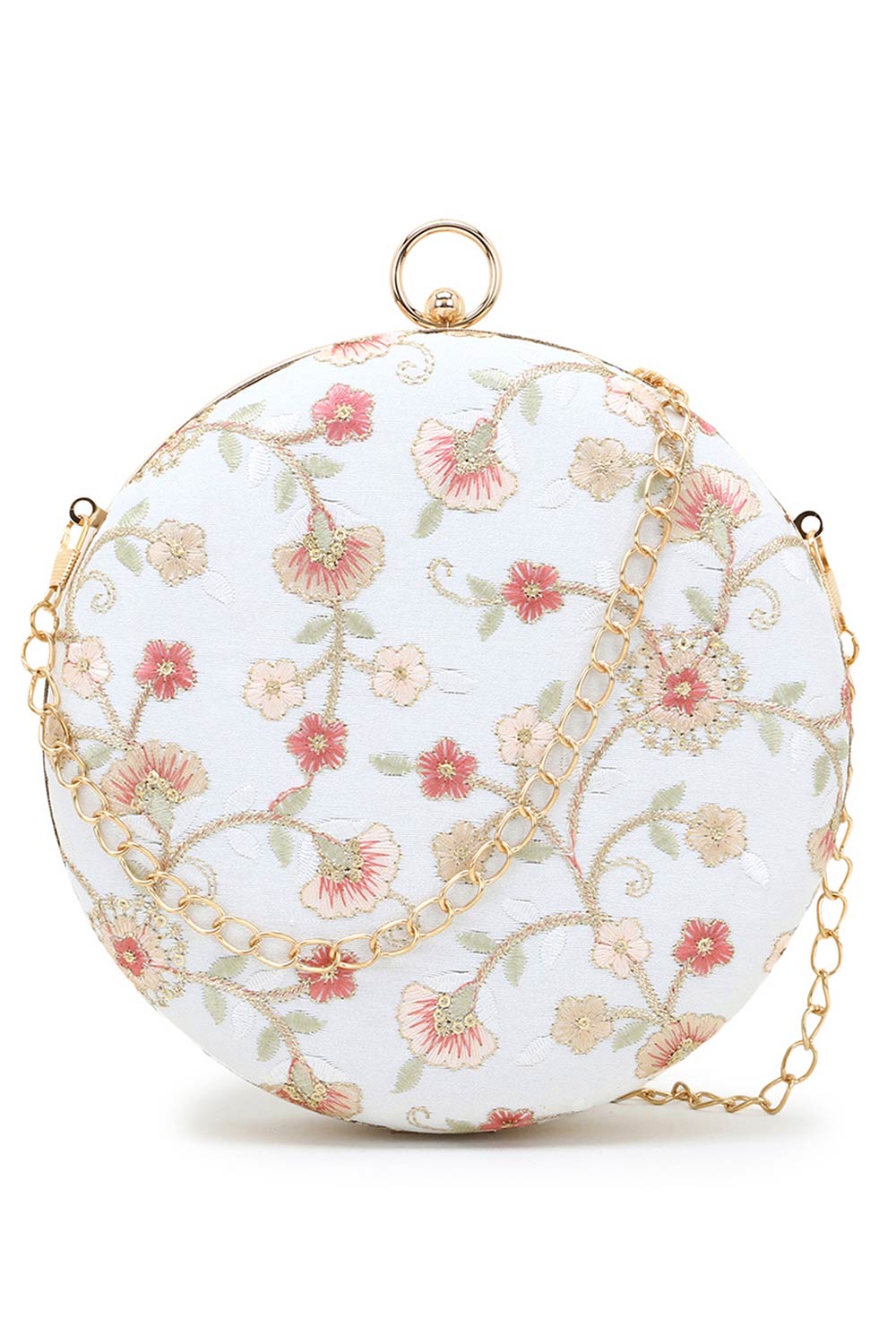 Gala Natural & Multi Faux Silk Floral Embroidered Round Clutch