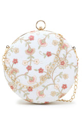 Gala Natural & Multi Faux Silk Floral Embroidered Round Clutch