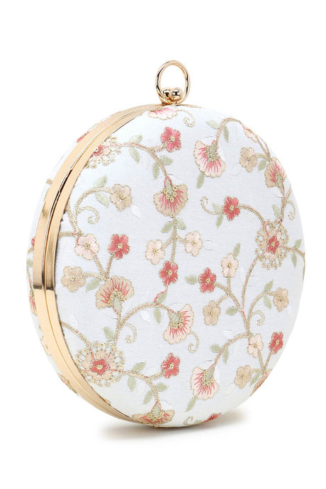 Gala Natural & Multi Faux Silk Floral Embroidered Round Clutch