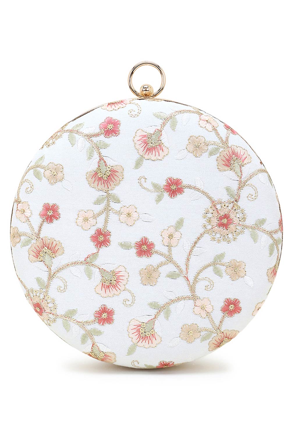 Gala Natural & Multi Faux Silk Floral Embroidered Round Clutch