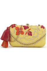 Gaud Yellow & Multi Floral Embellished Faux Silk Clutch