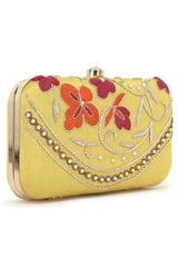 Gaud Yellow & Multi Floral Embellished Faux Silk Clutch