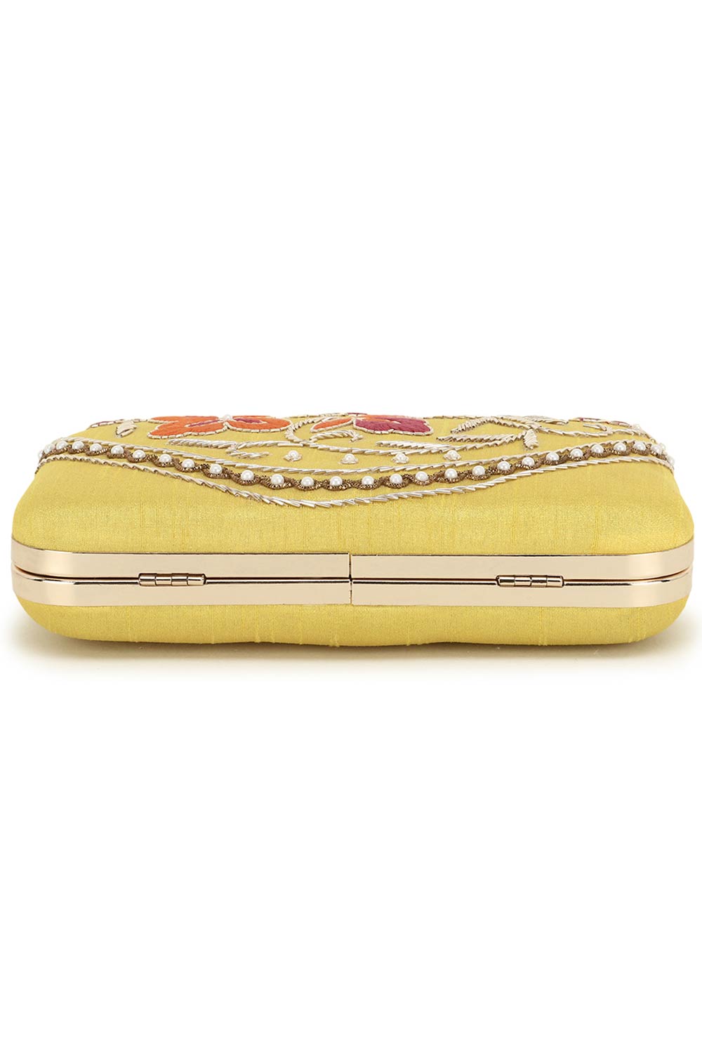 Gaud Yellow & Multi Floral Embellished Faux Silk Clutch