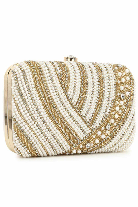 Adorn White & Gold Embellished Faux Silk Clutch