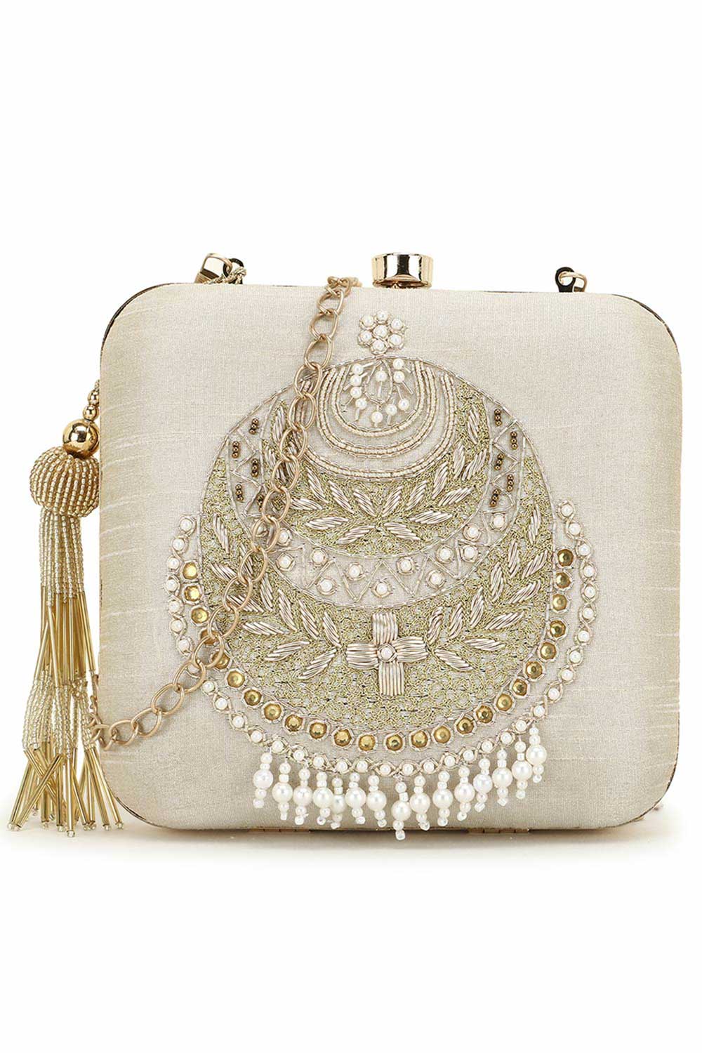 Vista Off White & Gold Embellished Faux Silk Clutch