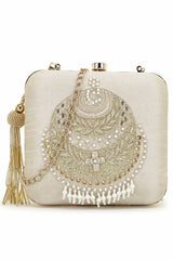 Vista Off White & Gold Embellished Faux Silk Clutch