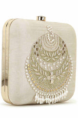 Vista Off White & Gold Embellished Faux Silk Clutch