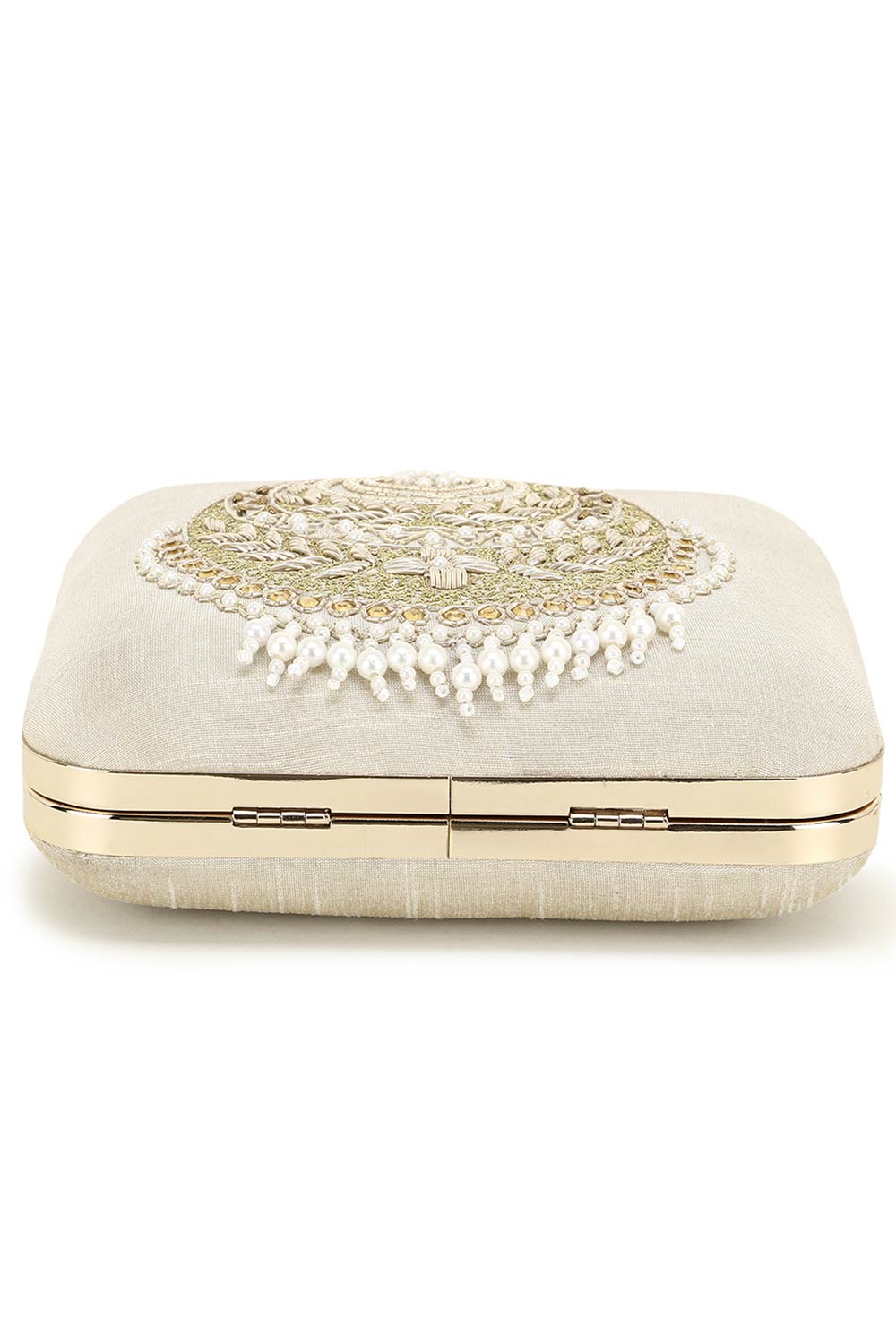 Vista Off White & Gold Embellished Faux Silk Clutch