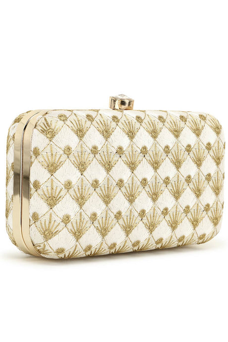 Hue White & Gold Embroidered Faux Silk Clutch