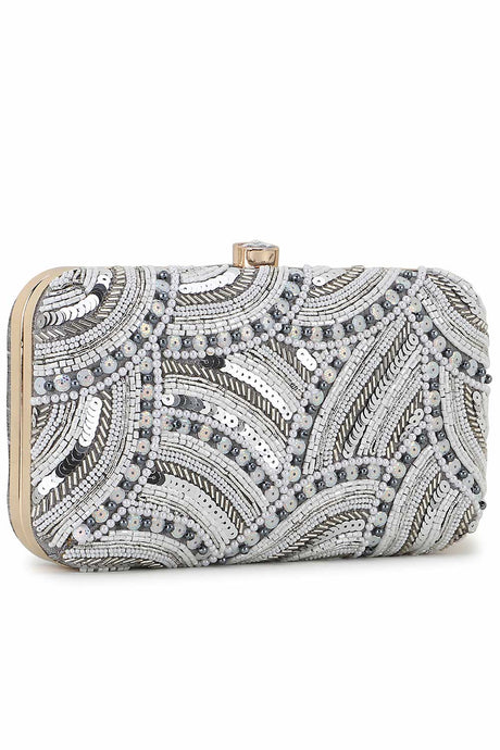 Silver And Multi Faux Silk Abstract Embellished Clutch