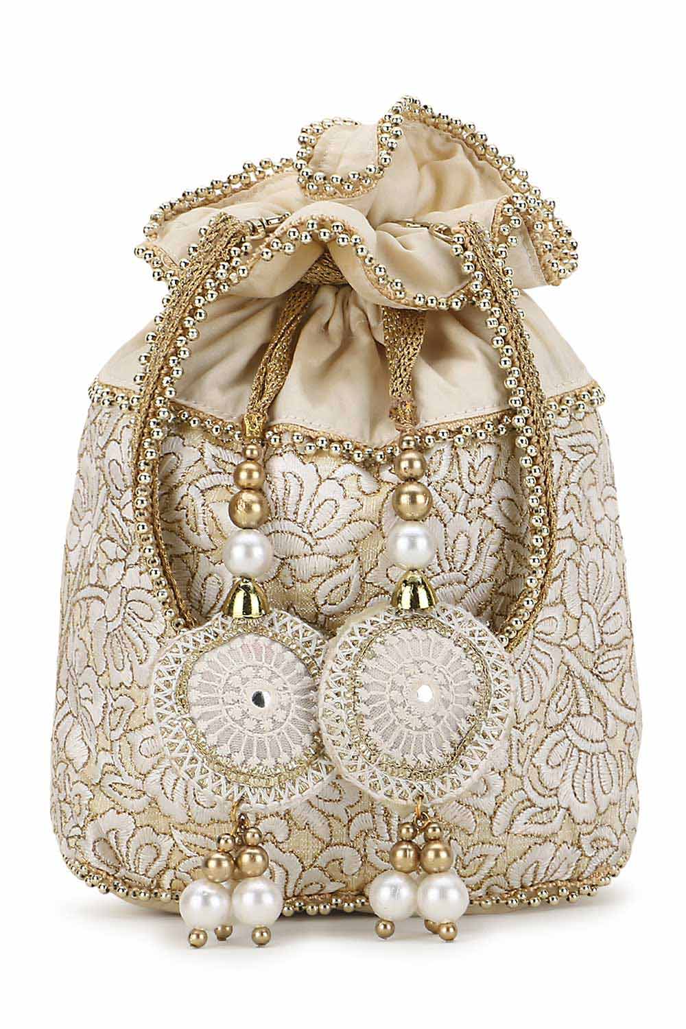 Cream And Gold Faux Silk Floral Embroidered Tasseled Potli