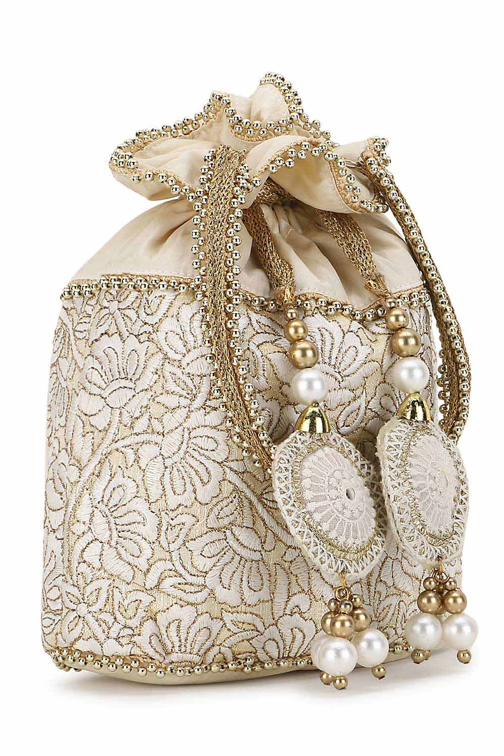 Cream And Gold Faux Silk Floral Embroidered Tasseled Potli