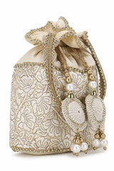 Cream And Gold Faux Silk Floral Embroidered Tasseled Potli