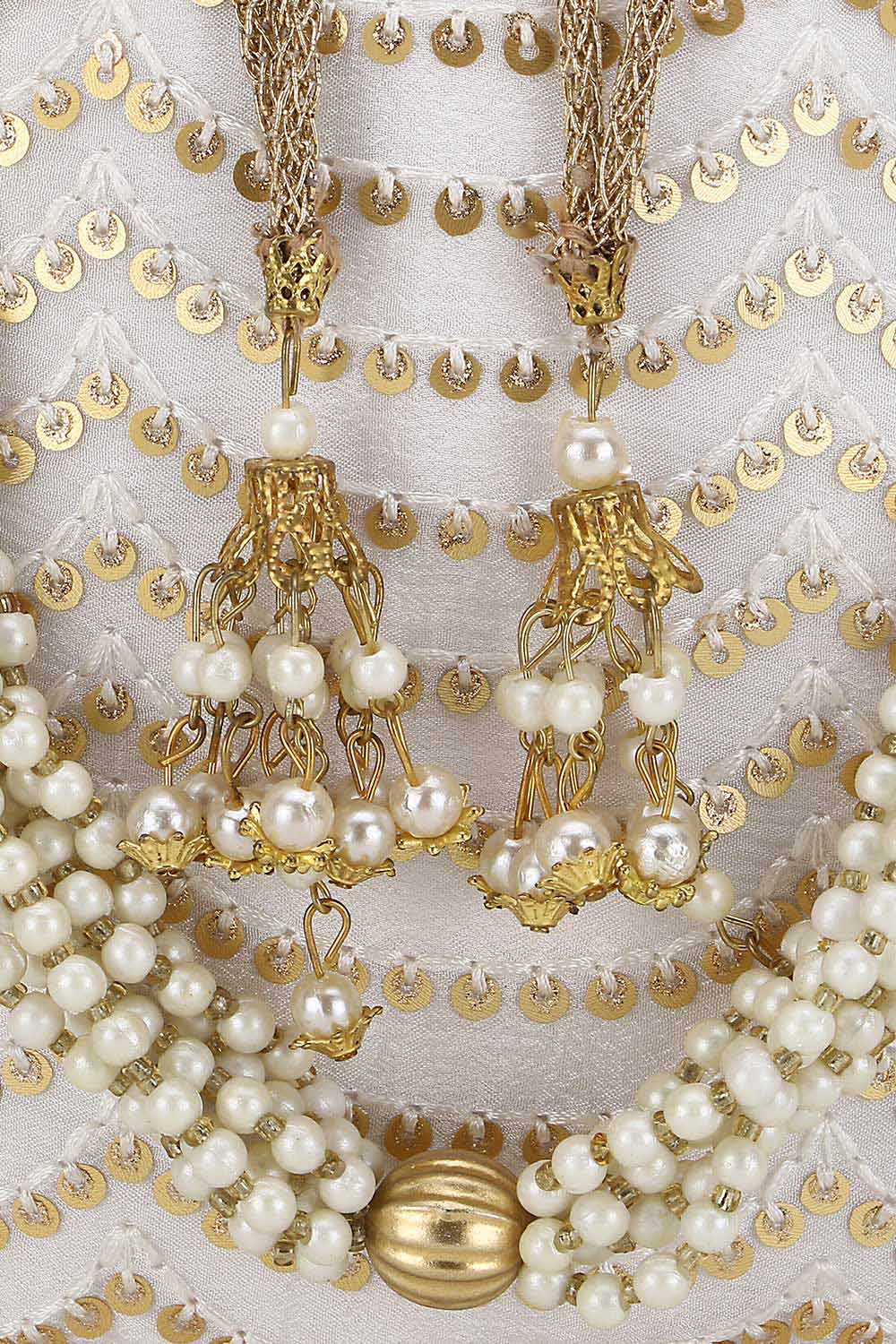 Off White And Gold Georgette Sequined Tasseled Potli