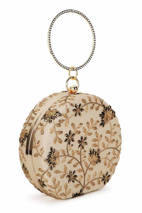 Beige and Black Faux Silk Floral Embroidered Clutch