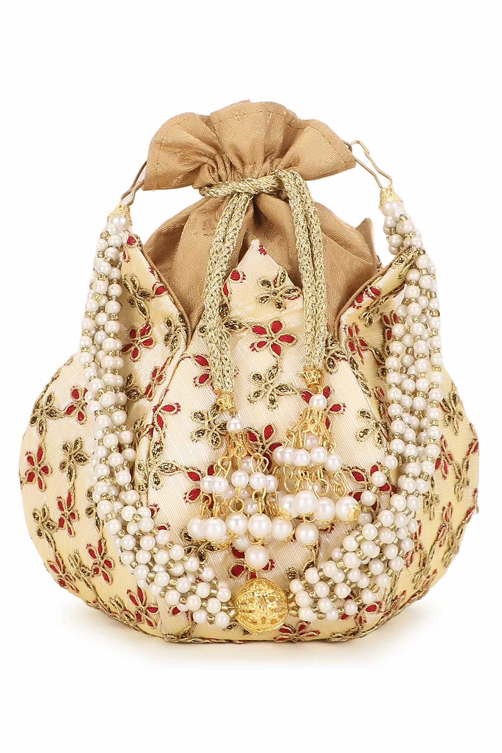 Cream And Gold Faux Silk Floral Embroidered Potli