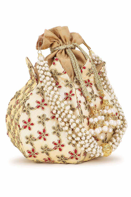 Cream and Gold Faux Silk Floral Embroidered Potli