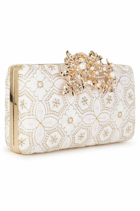 Off White And Gold Faux Silk Ethnic Embroidered Clutch