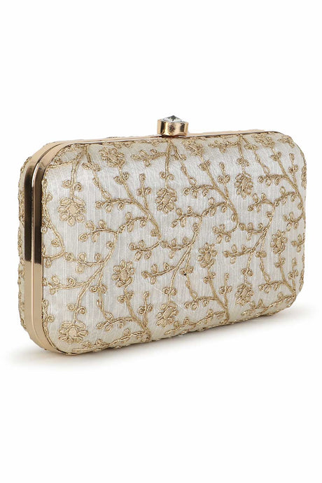 Cream And Gold Faux Silk Floral Embroidered Clutch
