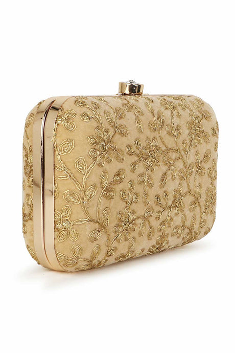 Beige And gold Velvet Floral Embroidered Clutch