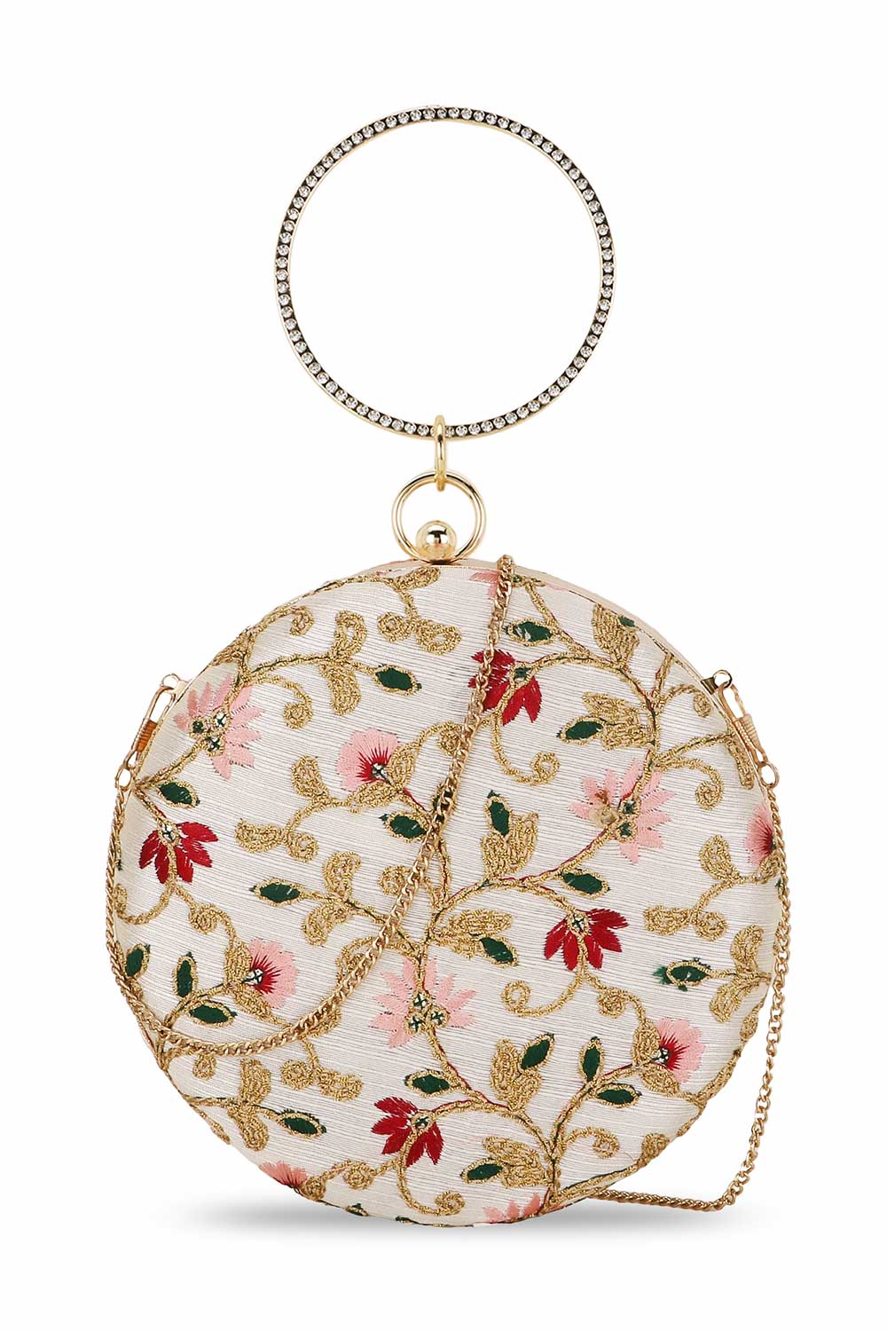 Cream And Multi Faux Silk Floral Embroidered Clutch