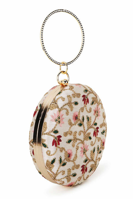 Cream And Multi Faux Silk Floral Embroidered Clutch