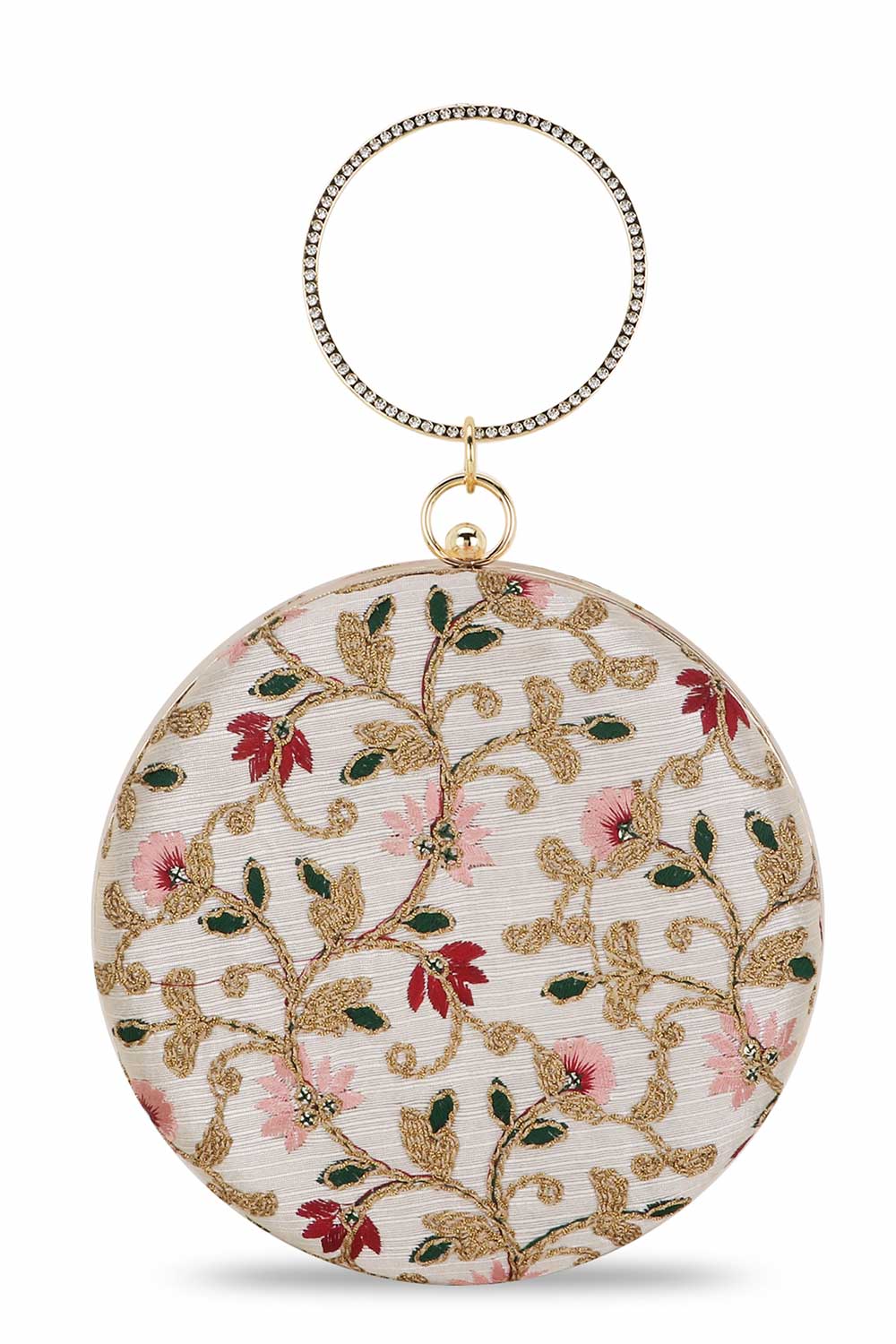 Cream And Multi Faux Silk Floral Embroidered Clutch