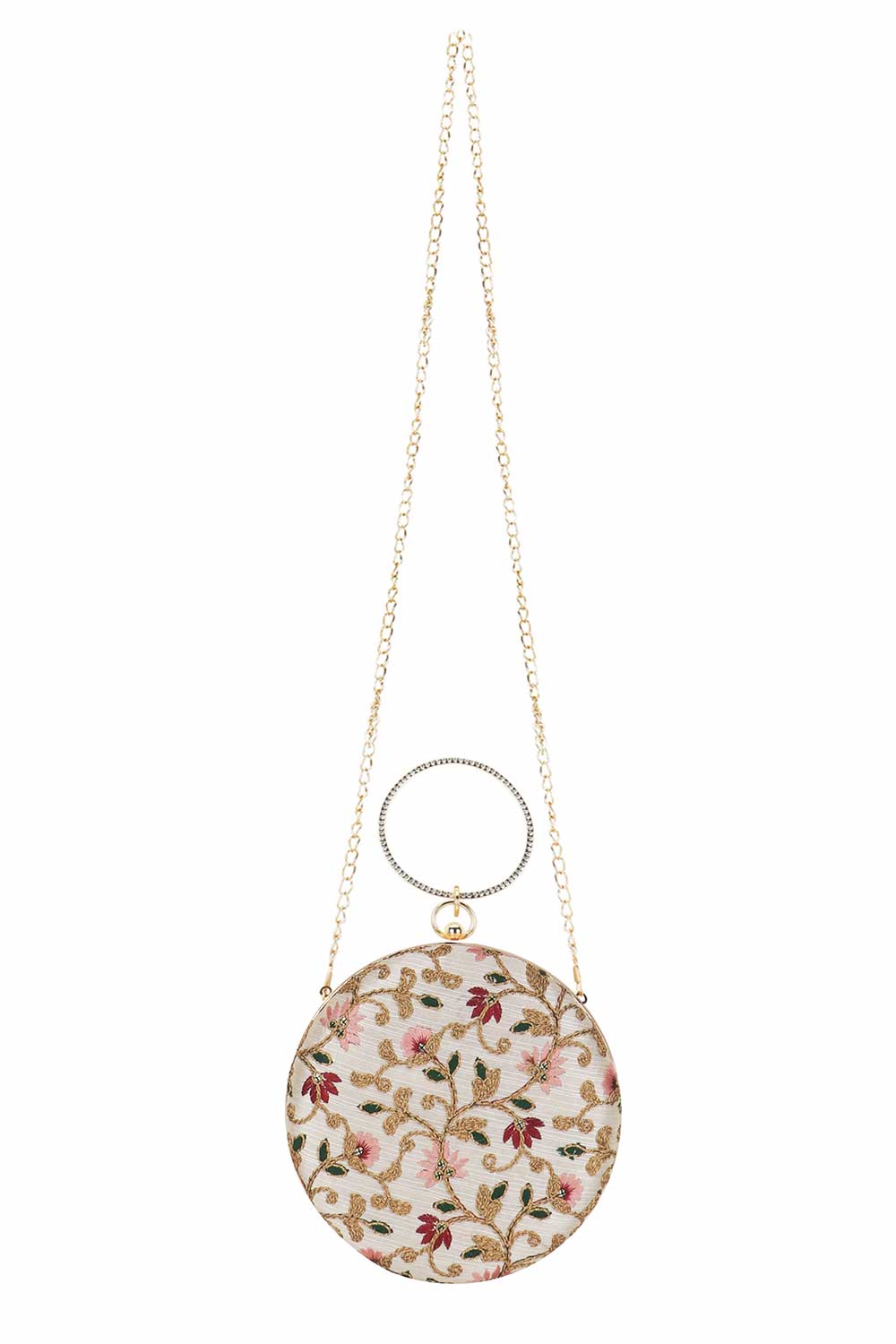 Cream And Multi Faux Silk Floral Embroidered Clutch