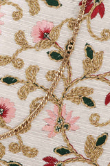 Cream And Multi Faux Silk Floral Embroidered Clutch