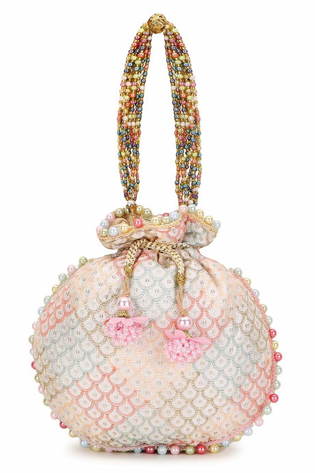 Off White And Pastel Multi Faux Silk Sequin Embroidered Potli