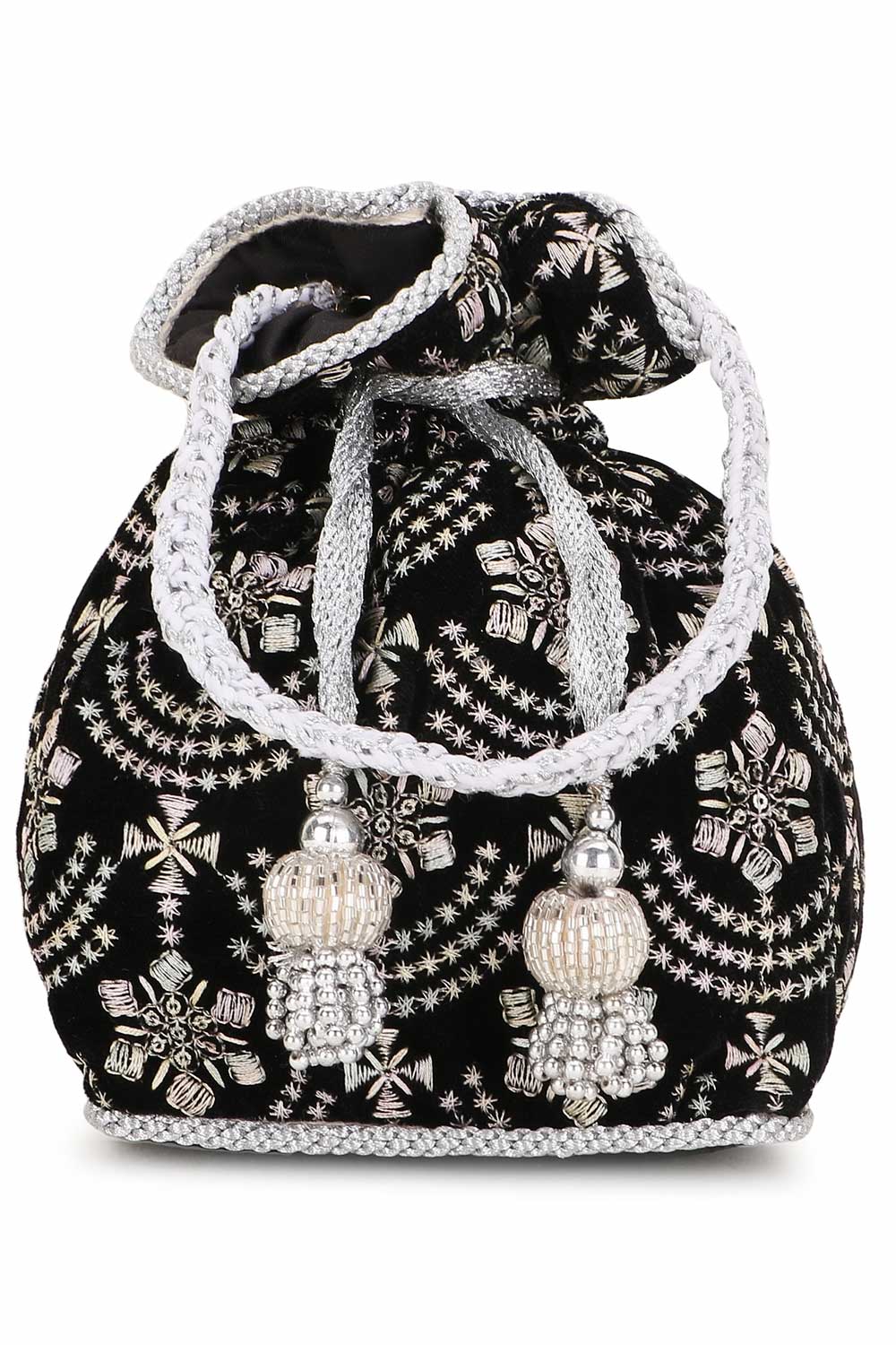 Black And Silver Velvet Ethnic Embroidered Potli