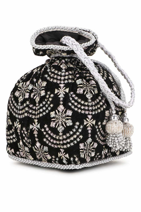 Black And Silver Velvet Ethnic Embroidered Potli