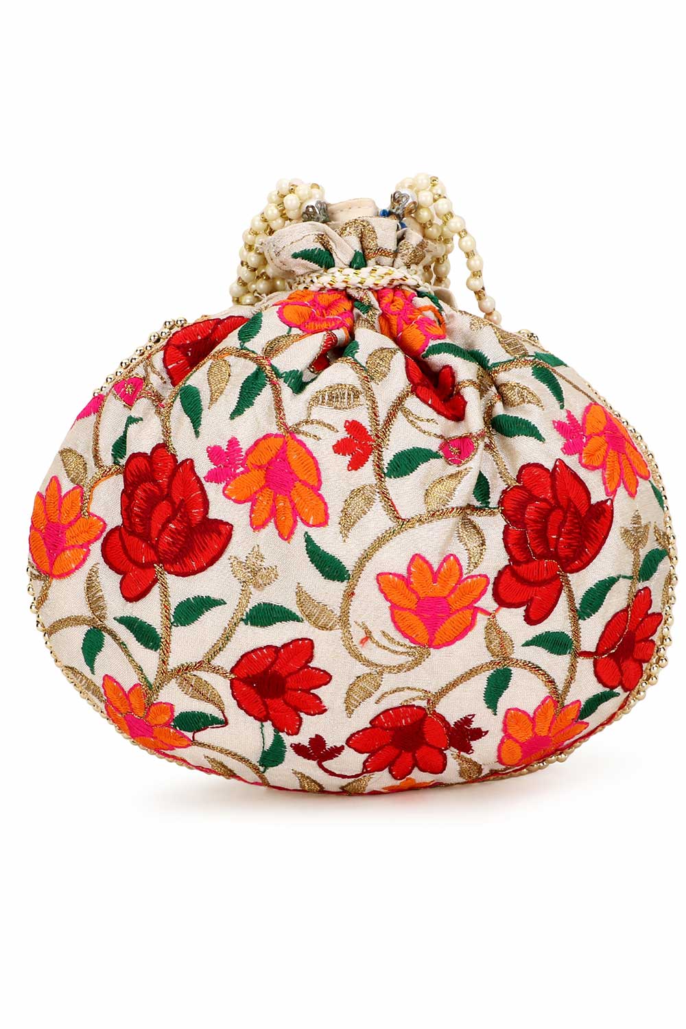 Cream And Multi Faux Silk Floral Embroidered Potli