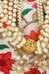 Cream And Multi Faux Silk Floral Embroidered Potli