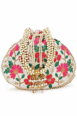 Cream And Multi Faux Silk Floral Embroidered Potli