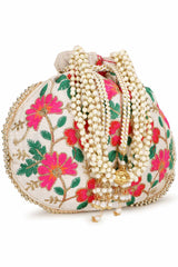 Cream And Multi Faux Silk Floral Embroidered Potli