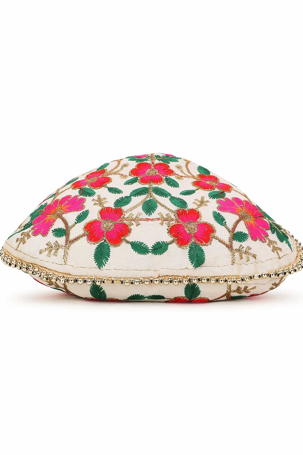 Cream And Multi Faux Silk Floral Embroidered Potli