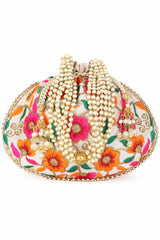 Cream And Multi Faux Silk Floral Embroidered Potli