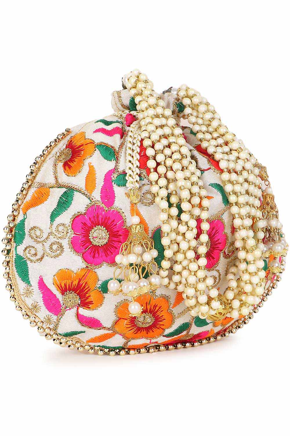 Cream And Multi Faux Silk Floral Embroidered Potli