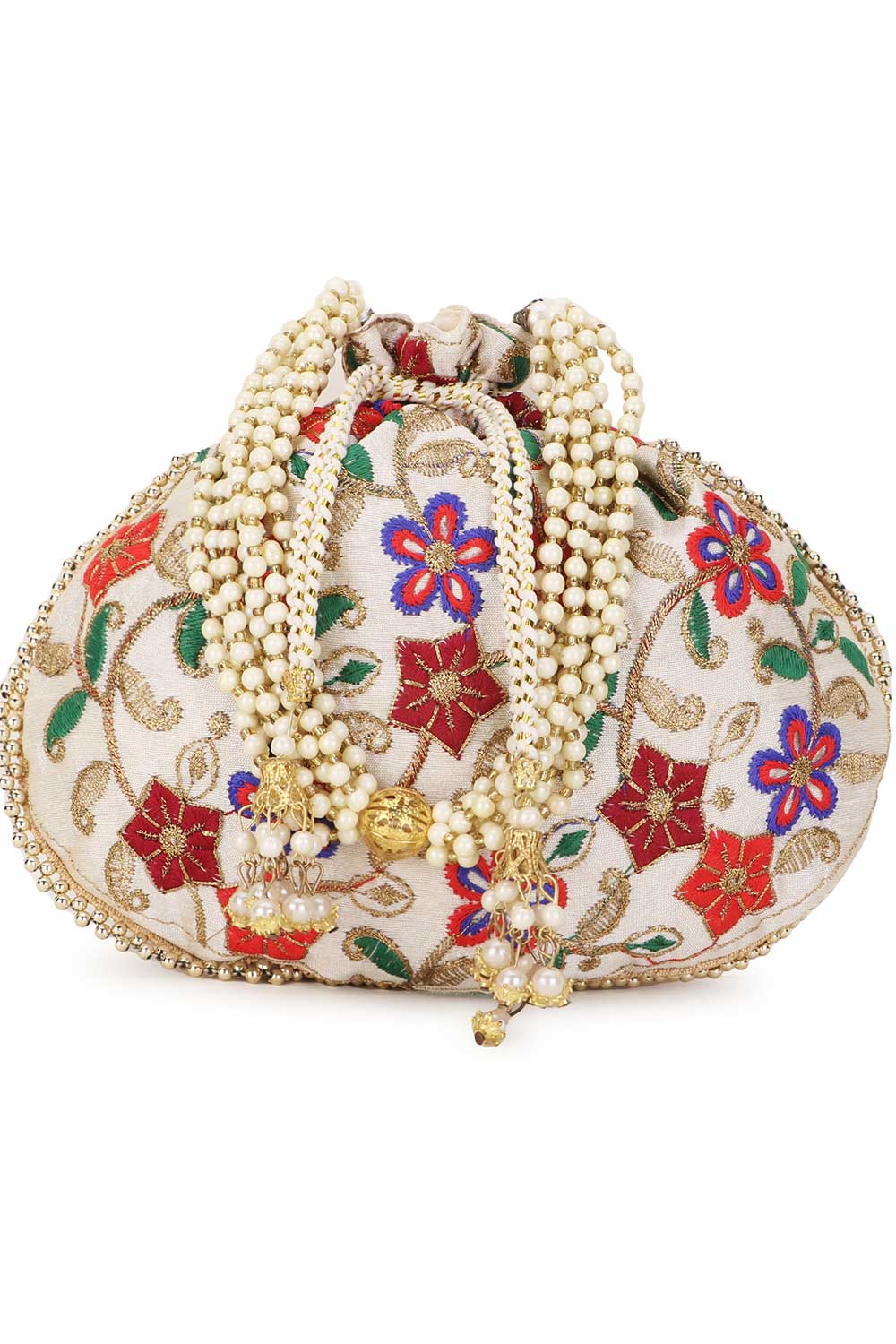 Cream And Multi Faux Silk Floral Embroidered Potli