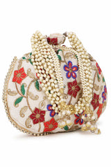 Cream And Multi Faux Silk Floral Embroidered Potli