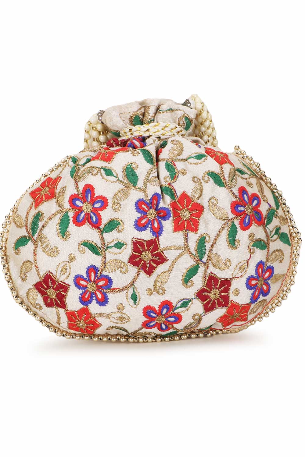 Cream And Multi Faux Silk Floral Embroidered Potli