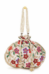 Cream And Multi Faux Silk Floral Embroidered Potli