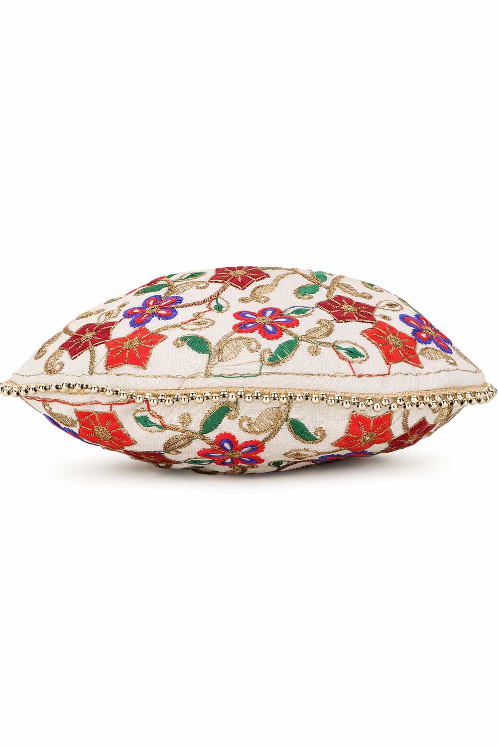 Cream And Multi Faux Silk Floral Embroidered Potli