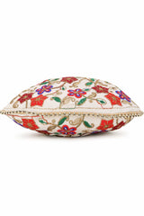 Cream And Multi Faux Silk Floral Embroidered Potli