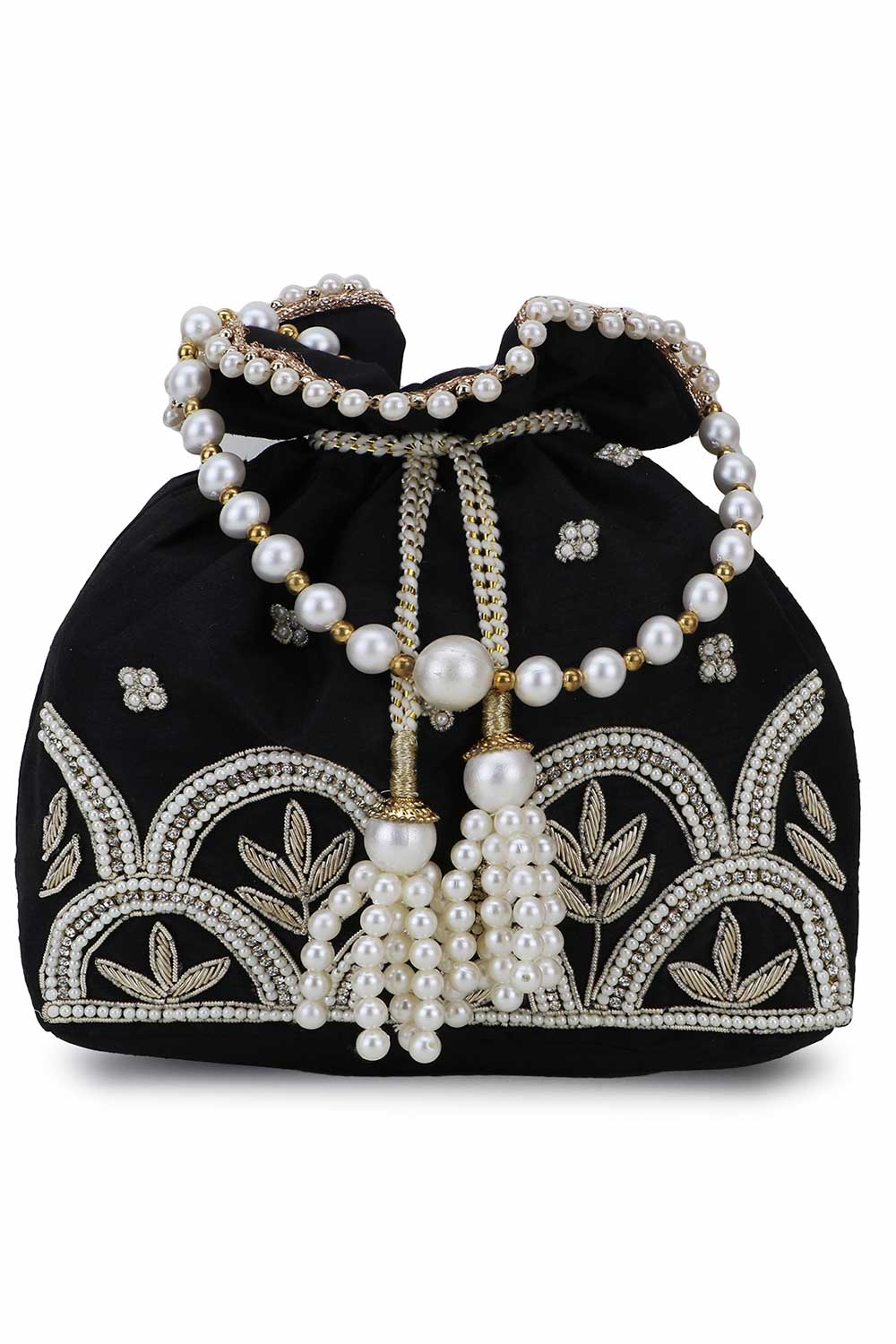 Black, White And Gold Faux Silk Ethnic Embellished Potli