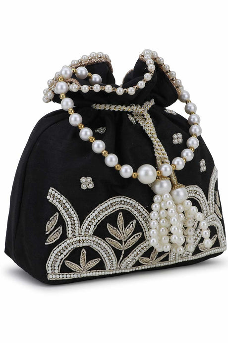 Black, White And Gold Faux Silk Ethnic Embellished Potli