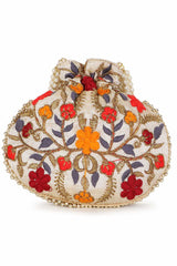 Cream And Multi Faux Silk Floral Embroidered Potli