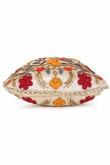 Cream And Multi Faux Silk Floral Embroidered Potli