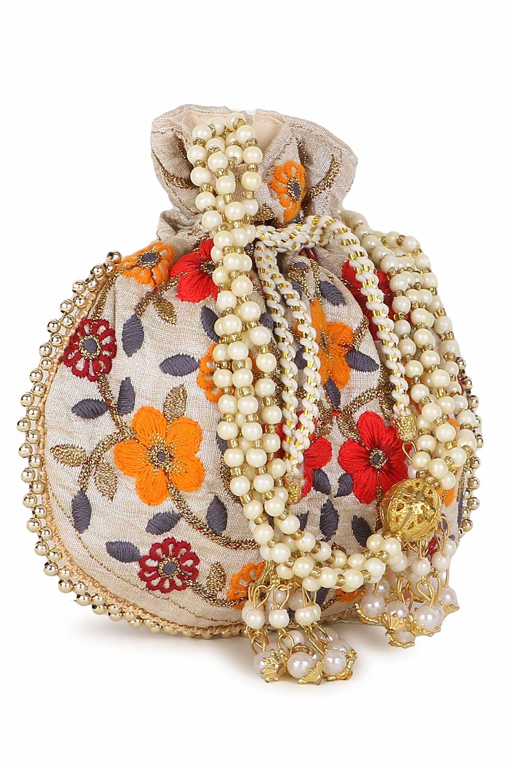 Cream And Multi Faux Silk Floral Embroidered Potli